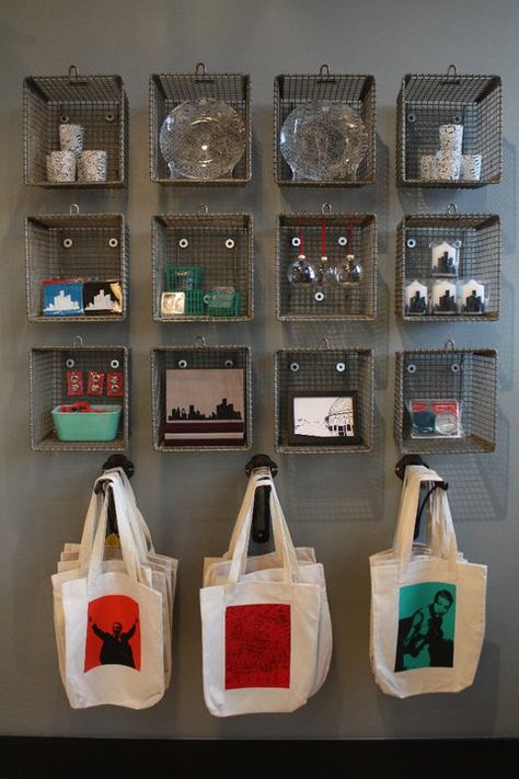 Cheap Shelving Ideas, Retail Wall Display Ideas, Shop Shelving Ideas, Store Wall Display, Tote Bag Display, Tote Bag Storage, Shopping Bag Storage, Shelving Display, Wall Display Shelves