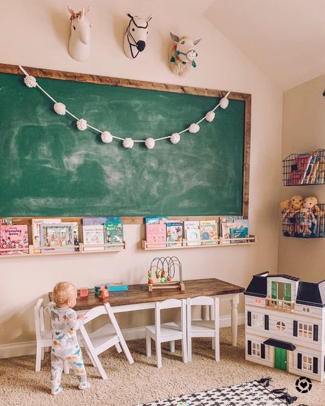 DIY Chalkboard Wall Tutorial for a Kids Playroom - Life by Leanna Kids Playroom Seating, Diy Chalkboard Wall, Fun Playroom Ideas, Vintage Playroom, Chalkboard Walls, Kids Playroom Ideas Diy, Homeschool Room Decor, Kids Chalkboard, Basement Playroom