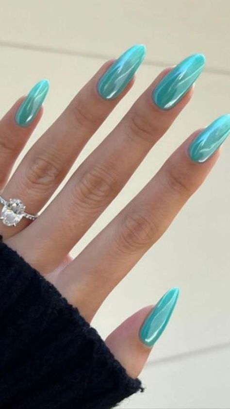 Nails 2023 Trends Turquoise, Tiffany Blue Nails Chrome, Tiffany Glazed Nails, Teal Glazed Nails, Tiffany Chrome Nails, Summer 23’ Nails, Neon Chrome Nails Hailey Bieber, Aqua Jelly Nails, Turquoise Blue Chrome Nails