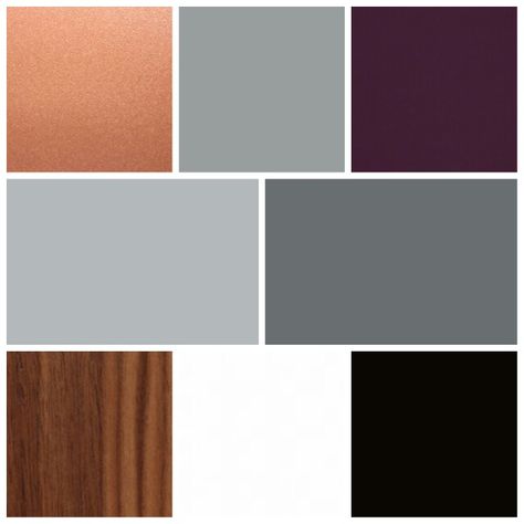 Color palette for our living spaces. A mix of grays on the walls, black and white art, with plum and copper accents and medium walnut wood tones. Walnut Colour Scheme, Plum Color Interior Design, Black White Gray Wood Color Palette, Black And Maroon Color Palette, Walnut Wood Color Palette, Plum And Grey Color Palette, Black And Copper Living Room, Dark Wood Floors Grey Walls, Black And Plum Color Palette