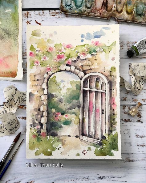 watercolour watercolor painting artist artwork secret garden buy art online wall art Garden Painting Art, Windows Painting, Secret Garden Door, Easy Mandala Drawing, Garden Door, Painting Series, Garden Watercolor, Simple Mandala, Colouring Pics