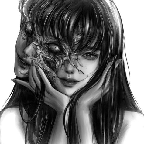 Pink Creepy Aesthetic, Female Face Drawing, Girl Face Drawing, Japanese Horror, Bizarre Art, Gothic Fantasy Art, Junji Ito, Kpop Drawings, Dark Art Drawings