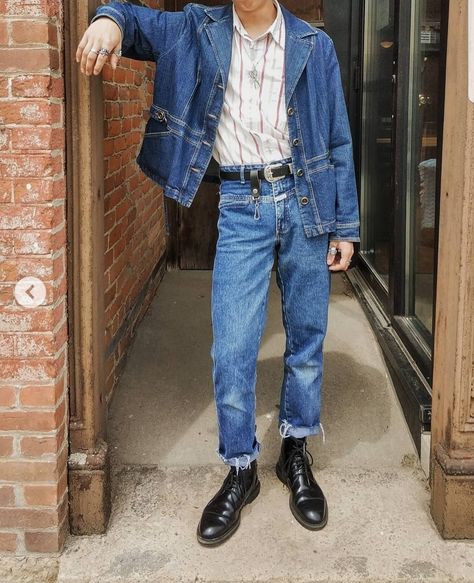 80s Jean Jacket Outfit, 80s Denim Outfit, 80s Mens Outfits, 80s Fashion Denim, Dr Mundo, 80s Fashion Men, Look 80s, Denim Outfit Men, Mens 80s