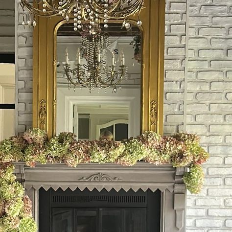 Cristy & Michael Pack on Instagram: "DIY Hydrangea garland! This afternoon I clipped some hydrangeas and used grape vine garland as my base to start working on. I cut short stems on the hydrangeas and wove them into the grape vine garland. This took about 15 minutes and such texture and interest to our kitchen fireplace mantle! This garland is the perfect transition from summer to fall decor! I plan to reuse all the hydrangeas I cut on our Christmas tree and fill up our tree from top to bottom w Dried Hydrangea Garland, Grape Vine Garland, Summer To Fall Decor, Diy Hydrangea, Apartment 2023, Hydrangea Garland, Mantel Garland, Vine Garland, Fireplace Mantle Decor