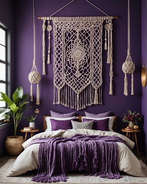 Color Themed Rooms Aesthetic, Purple Woman Bedroom, Maximalist Forest Room, Light Purple Boho Bedroom, Master Bedrooms Purple, Purple Wall Decor Ideas, Elegant Purple Bedroom Ideas, Bedroom Inspirations Bright, Purple And Green Bedroom Decor