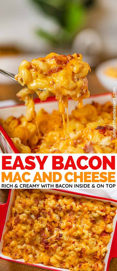 Bacon Mac and Cheese is a rich and creamy bacon-loaded three cheese baked mac and cheese, the perfect holiday side dish! #bacon #macandcheese #baconmacandcheese #sidedish #holidaysidedish #macaroniandcheese #dinnerthendessert Creamy Bacon Mac And Cheese Recipe, Bacon And Mac And Cheese, Bacon Macaroni And Cheese Recipe, Baked Mac And Cheese Bacon, Easy Bacon Mac And Cheese Recipe, Best Bacon Mac And Cheese Recipe, Macaroni And Cheese With Bacon Recipe, Mac And Cheese With Bacon Recipe Baked, Macaroni Bacon And Cheese