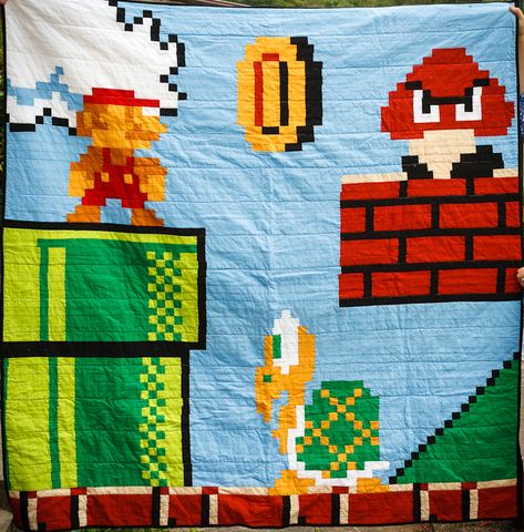 mario quilt to go with pillow :) Super Mario Quilt Pattern, Super Mario Quilt, Mario Quilt Pattern, Pixel Quilts, Mario Quilt, Pixel Quilt Pattern, Pixel Quilt, Mario Room, Pixel Quilting