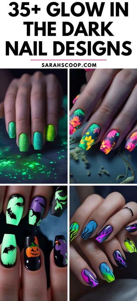 Light up the night with 35+ glow-in-the-dark nail designs! 🌟💅 Perfect for a look that's either dazzling or spooky. #GlowNails #NailArt #SpookySeason October Nails Glow In The Dark, Glow In The Dark Fall Nails, Glow In The Dark Witchy Nails, Cute Glow In The Dark Nails, Glow In The Dark Dip Nails, Glow In The Dark Halloween Nails Short, Glow In Dark Nails Art Designs, Glow In Dark Halloween Nails, Glow Halloween Nails