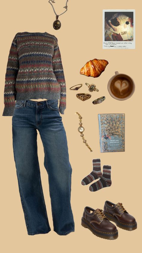 fall outfit inspo, autumn outfit inspo, cute fall outfit, grandpa sweater outfit, brown doc martens outfit, mid rise jeans outfit, fall aesthetic outfit inspiration Jeans Outfit Fall Aesthetic, Brown Doc Martens Outfit, Mid Rise Jeans Outfit, Grandpa Sweater Outfit, Brown Doc Martens, Fall Aesthetic Outfit, Autumn Outfit Inspo, Martens Outfit, Doc Martens Outfit