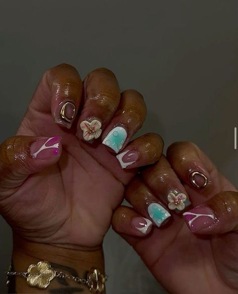 Tropical Acrylic Nails, 3d Overlay, Overlay Nails, Hard Nails, Colored Acrylic Nails, Girly Acrylic Nails, Acrylic Nails Designs, Cute Acrylic Nail Designs, Short Square Acrylic Nails