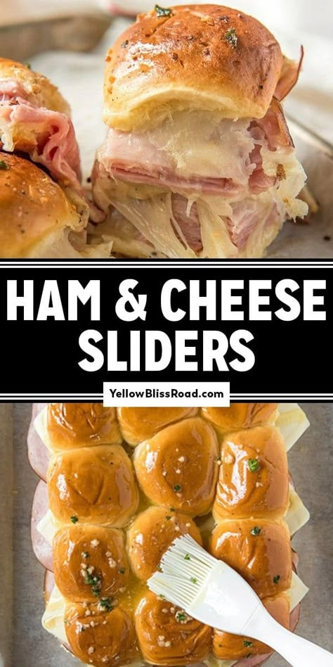 Ham and Cheese Sliders layer ham and cheese on Hawaiian rolls topped with garlic butter. Easy Ham Sliders are perfect for parties or dinner! Easy Ham Sliders, Ham Cheese Sliders, Ham Sliders, Ham And Cheese Sliders, Cheese Sliders, Easy Ham, Hawaiian Rolls, Slider Recipes, Party Appetizer