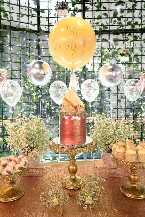 Loving this Elegant themed birthday party! The cake is stunning!! See more party ideas and share yours at CatchMyParty.com #cake #elegant #party Simple Elegant Birthday Decorations, Older Lady Birthday Party Ideas, 48 Birthday Party Ideas, Elegant 18th Birthday Party Ideas, 70th Birthday Party Themes For Women, 35th Birthday Party Ideas, Classy Birthday Party Ideas, 50th Birthday Ideas For Women Themes Mom, 60th Birthday Themes For Women