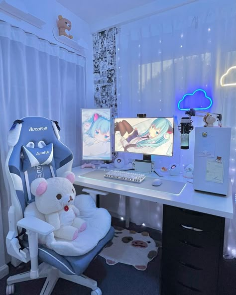 Built In Computer Desk, Cloud Shelves, Kawaii Room Ideas, Gaming Bedroom, Rilakkuma Korilakkuma, Gaming Desk Setup, Study Desk Decor, Computer Desk Setup, Otaku Room