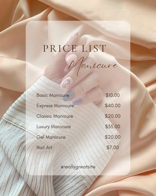 Nail List Price, Beauty Salon Price List Template, Price List Design Templates Layout, Price List Design Nails, Beauty Salon Aesthetic Instagram, Price List Design Salon, Manicure Price List, Nail Art Price List, Beauty Salon Instagram Posts