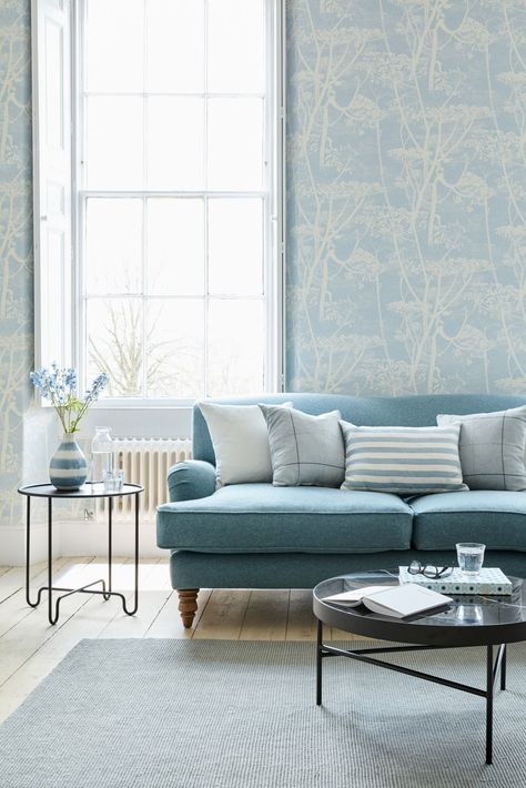 Blue room design ideas: 20 inspiring ways to decorate with blue | Real Homes Blue Wallpaper Living Room, Light Blue Living Room, Blue Sofa Living, Light Blue Sofa, Blue Sofas Living Room, Blue Couch, Blue Couches, Elegant Sofa, Blue Sofa