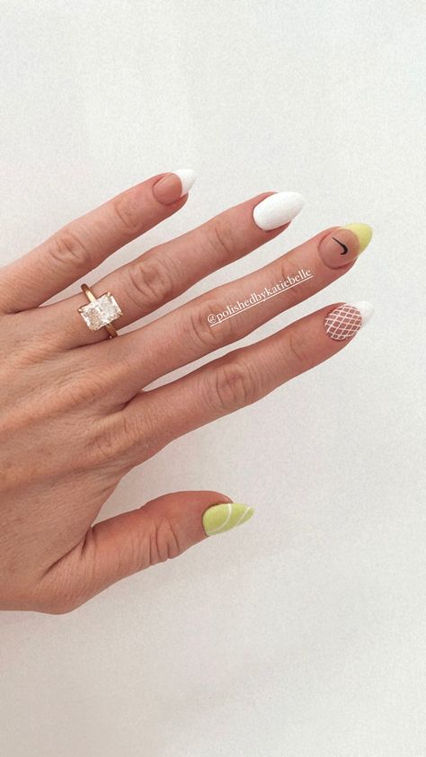 Tennis ball nails, tennis inspired nails, Nike nail art, tennis nail art Sporty Nails Designs, Tennis Nail Art, Golf Theme Nails, Pickleball Nails, Tennis Inspired Nails, Running Nails Designs, Sports Nails Designs, Us Open Tennis Nails, Tennis Ball Nails