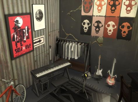 Sims 4 Punk Room, Punk Room Ideas, Rock Room Ideas, Basement Band, Bedroom Ideas Grunge, Sims 4 Room, Rock Bedroom, Sims Room, Sims Design