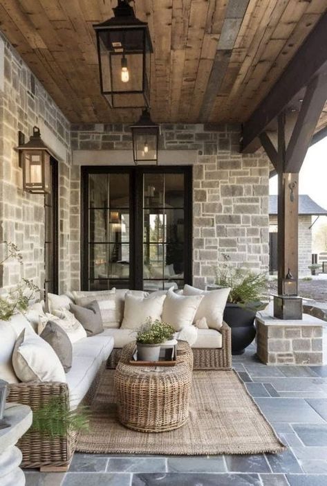 Facebook Joanna Gaines Outdoor Spaces, Long Front Porch Ideas, Light Fixture Farmhouse, Craftsman Home Exterior, Light Fixtures Farmhouse, Small Outdoor Patios, House Flipping, Flagstone Flooring, Shabby Home