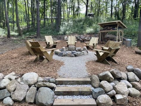 Rustic Rock Fire Pit, Fire Pit Woods, Fire Pit In Woods, Natural Rock Fire Pit, Fire Pit Makeover, Rock Fire Pit, Cabin Fire Pit, Firepit Design, Wyoming Cabin