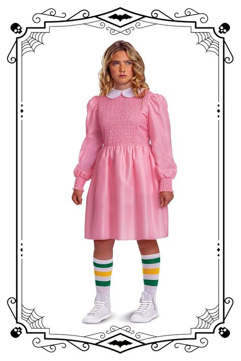 OFFICIALLY LICENSED STRANGER THINGS ELEVEN COSTUME - Eleven Pink Dress so you can use your telekinesis and defeat the Demogorgon AUTHENTIC ELEVEN STRANGER THINGS COSTUME - Pink dress outfit features a white collar, weaved center bodice and full skirt COMFORTABLE CHILD STRANGER THINGS COSTUME DRESS - To complete the Season 4 look, this also includes a pair of ribbed knit socks with striped detailing Eleven Pink Dress, Stranger Things Eleven Costume, Disguise Outfit, Eleven Stranger Things Costume, Eleven Costume, Pink Dress Outfit, Pink Cosplay, Pink Dress Outfits, Stranger Things Eleven