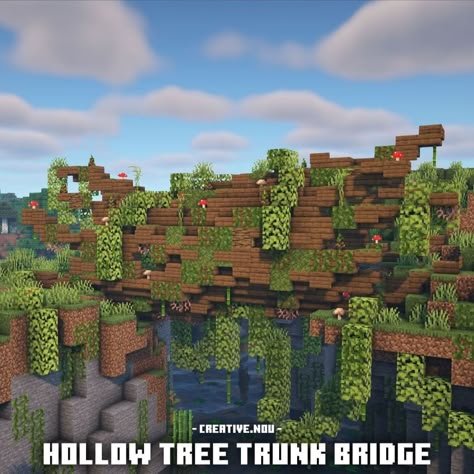 Swamp Bridge Minecraft, Enchanted Forest Theme Minecraft, Mangrove Root Builds Minecraft, Minecraft Spruce Base Ideas, Minecraft Tree Trunk, Minecraft Ceiling Light Ideas, Minecraft Tree Bridge, Minecraft Fallen Tree, Mossy Minecraft Builds