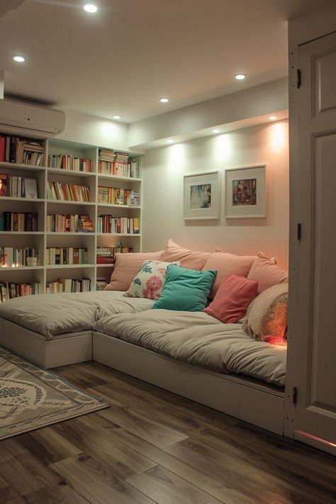 Ideas For Library Decoration, Bedroom With Library Ideas, Book Nook In House, Basement Reading Corner, Library In House Ideas, Dream Book Room, Books Room Decor, Cozy Reading Room Aesthetic, Home Library Bedroom