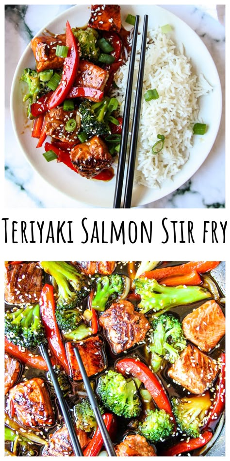 Salmon Stir Fry with a side of rice on a white plate with black chopsticks. Pescatarian Stir Fry, Healthy Dinners Salmon, Healthy Meal Prep Asian, Fish Stir Fry Recipes Healthy, Stir Fry Recipes Salmon, Stir Fry Salmon, Stir Fry Salmon Recipe, Teriyaki Vegetable Stir Fry, Fish Stir Fry Recipes