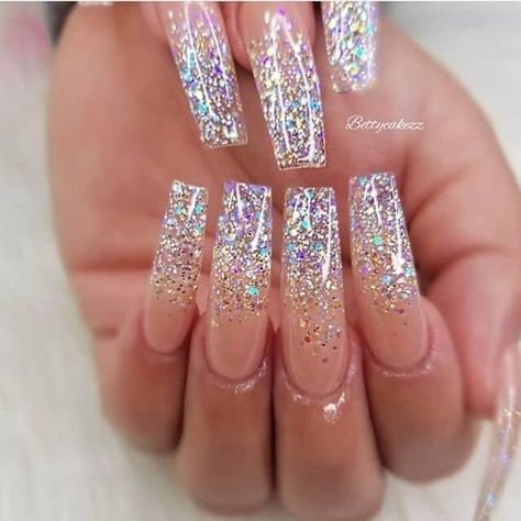 Sparkly Acrylic Nails Coffin Glitter, Sparkle Beach Nails, Pink And Silver Glitter Nails Acrylic, Ombre Glitter Nails Acrylic, Transparent Acrylic Nails, Sparkly Acrylic Nails, Nails With Glitter, Silver Glitter Nails, Glitter Nails Acrylic