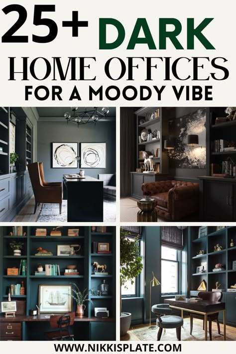 Dark Home Offices for a Moody Vibe; If you want to be productive, your home office should have a dark, moody design. Here's some tips to setting up a dark home office that'll make you feel inspired and relaxed while you work. Urban Bronze Home Office, Dark Office Walls Paint Colours, Dark Painted Home Office, Dark Walls Office Space, Small Moody Study, Moody Den Decor, Dark Moody Workspace, Moody Office Inspiration Modern, Black And Green Office Ideas