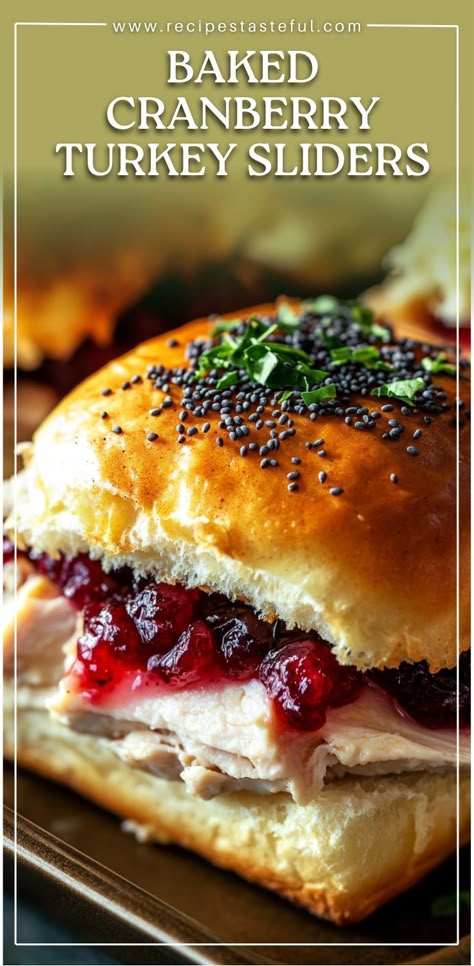 These Baked Cranberry Turkey Sliders are a delicious and easy-to-make dish with savory deli turkey, creamy Havarti cheese, and a tangy cranberry sauce, all topped with a buttery poppy seed topping. Perfect for gatherings, holiday leftovers, or a fun dinner option! Baked Cranberry Turkey Sliders With Havarti & Poppy Seed Topping, Turkey Havarti Sliders, Turkey Cranberry Sliders Recipes, Baked Cranberry Turkey Sliders, Turkey Cranberry Sliders On Hawaiian Rolls, Turkey And Cranberry Sliders, Turkey Sliders With Cranberry Sauce, Recipes With Havarti Cheese, Cranberry Recipes Savory