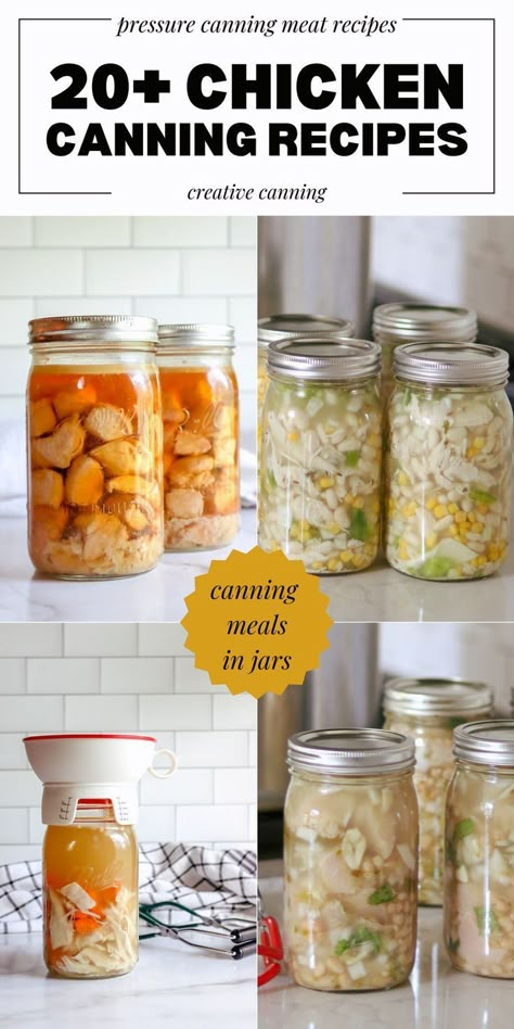 20+ Chicken Canning Recipes: Meat Canning Recipes - If you're looking for the best way to preserve chicken and enjoy it for months to come, then look no further! This comprehensive guide offers more than 20 delicious recipes for pressure canning chicken, including soups, meals in jars, broths, chili, and more. Home canning has never been easier or tastier with these recipes for succulent, savory, flavorful chicken dishes your entire family will enjoy! Canning Meals In A Jar Recipes, Canning Meals In A Jar Pressure, Pressure Canning Chicken, Chili Canning Recipe, Pressure Canner Recipes, Meals In Jars, Canned Meals, Canning Chili, Creative Canning