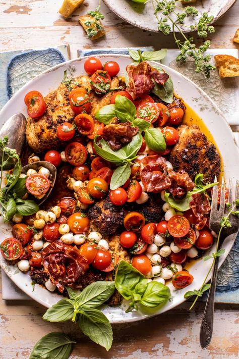 Skillet Caprese Prosciutto Chicken, Fall Cherry Tomato Recipes, Roasted Feta Caprese Skillet, Prosciutto Chicken, Burst Cherry Tomatoes, Tieghan Gerard, Prosciutto Recipes, Chicken Caprese, Chicken Saltimbocca