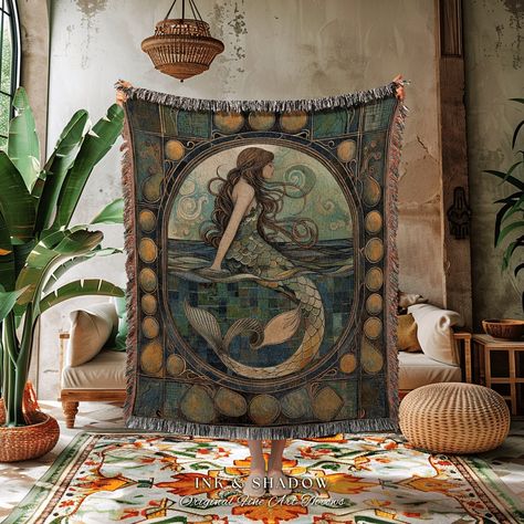 Dreamy Mermaid Tapestry Blanket | Fairycore Bedroom Celestial Siren Throw Ethereal Tapestry Sirencore Decor Witchy Stained Glass Aesthetic by InkandShadow on Etsy Cottagecore Mermaid, Stained Glass Aesthetic, Fairycore Bedroom, Mermaid Decor Bedroom, Glass Aesthetic, Mermaid Bedroom, Mermaid Blanket, Velvet Blanket, Decorative Blankets