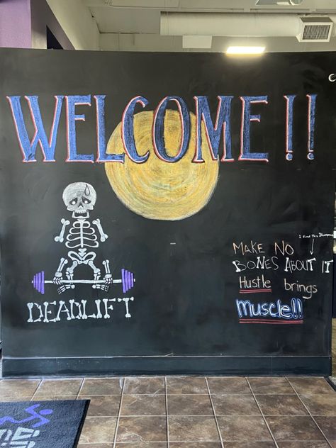 These are gym wall murals used for decoration and motivation. This one is Halloween themed. Gym Chalkboard, Halloween Boards, Anytime Fitness, Chalkboard Art, Gym Workouts, Chalkboard, Chalk, Arts And Crafts, Gym