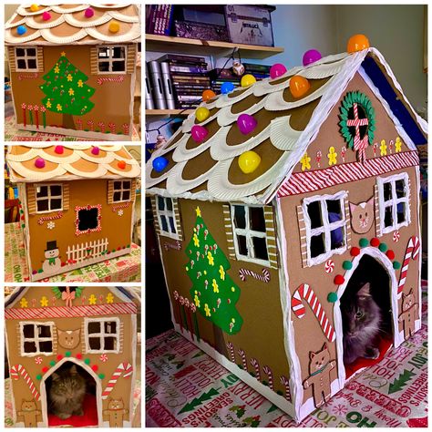 Gingerbread House For Cats, Cardboard Cat Gingerbread House, Cardboard Diy For Cats, Diy Cat Gingerbread House, Diy Christmas Cat House, Cat House From Cardboard Boxes, Cat Friendly Christmas Decor, Cardboard Box Houses For Cats, Gingerbread Cat House