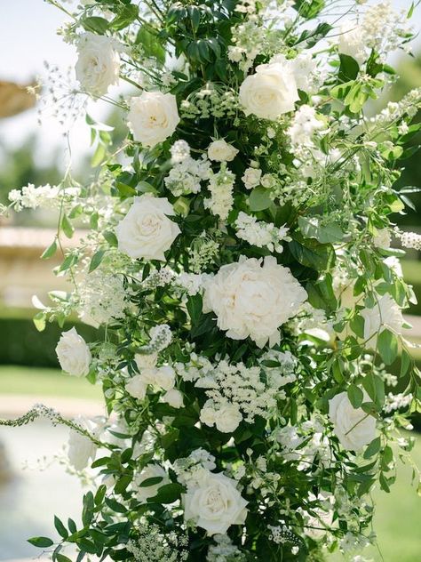 White Floral Ceremony, White Floral Arch, Green Ceremony, Ceremony Arches, Arch Inspiration, White Wedding Arch, Greystone Mansion, Luxury Weddings Reception, Ceremony Aisle