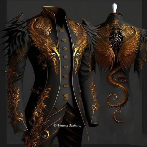 Character Design Inspiration Clothes, Fantasy Outfit Aesthetic Male, Mens Fantasy Wedding Suit, Dragon Inspired Outfits Men, Matte Black Wedding Dress, Magical Clothes Male, Dark Fantasy Male Outfit, Fantasy Fancy Clothes Male, Wedding Armor Men