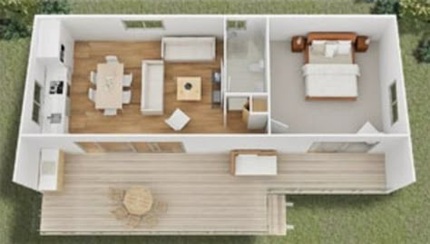 One of the more practical designs I've seen lately.  Tiny House Floor Plans | Tiny House Designs by Quick Housing Solutions Reka Bentuk Rumah Kecil, Floor Plans Tiny House, Kitchen Tiny, Tiny House Designs, Studio Apartment Floor Plans, Apartemen Studio, Layout Kitchen, Apartment Floor Plans, Tiny House Floor Plans