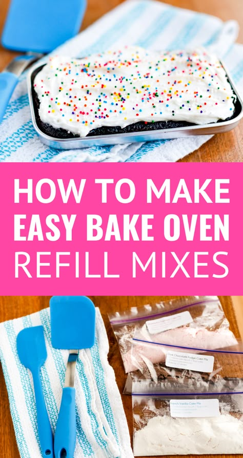 How To Make Easy Bake Oven Mixes -- learn how to make your own Easy Bake Oven refills from boxed cake mixes, yields 33 refills for under $4!!! If you have kids that love to bake with their Easy Bake Oven, you NEED to read this now... | easy bake oven recipes | easy bake oven mixes diy | easy bake oven mixes recipes | easy bake oven mixes homemade | easy bake oven homemade mixes | easy bake oven recipes | easy bake oven recipes diy | easy bake oven food #craftsforkids #easybakeoven #easyrecipes Ez Bake Oven Recipes, Easy Bake Oven Recipe, Ez Bake Oven Recipes Kids, Recipes For Easy Bake Ovens, Easy Bake Cake Recipes, Easy Bake Oven Recipes Diy Cake Mixes, Homemade Easy Bake Oven Recipes, Easy Bake Oven Recipes Diy, Easy Bake Oven Recipes Kids