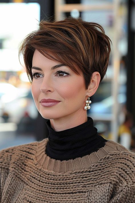 Short Layered Graduation Pixie, Summer 2024 Short Hair, Pixie Long On Top, Short Brunette Hair Pixie, Pixie With Curtain Bangs, Sassy Haircuts For Women Over 50, Long Pixie Cut Thick Hair, Pixie With Layers, Long Pixie Cut With Bangs