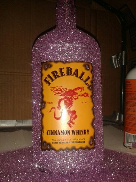 Purple glitter fireball bottle = gorgeous :) Sparkle Alcohol Bottle, Decorated Fireball Bottle, Glitter Vodka, Fireball Aesthetic, Glitter Alcohol Bottle, Fireball Bottle, Alcoholic Drinks Pictures, Alcohol Pictures, Alcohol Bottle Decorations