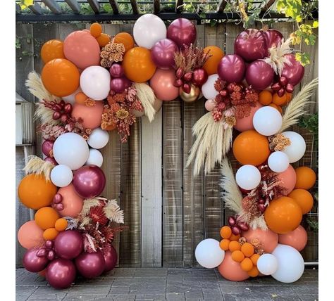 Fall Balloon Photo Backdrop, 1st Birthday Party Fall Theme, Daphne Sullivan, Terracotta Balloons, Burgundy Balloon Arch, Fall Balloon Decor, Fall Balloon Arch, Orange Balloon Garland, Fall Balloons