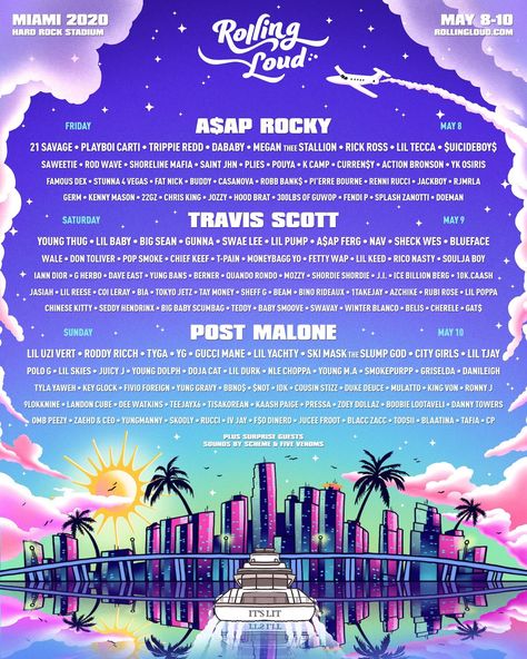 Rolling Loud Line Up 2020 Miami, Florida #RollingLoud2020 #RollingLoud #Festival #Miami #Music Rolling Loud Festival, Rolling Loud Miami, Fat Nick, Hip Hop Festival, Famous Dex, Rolling Loud, Festival Inspo, Festival Flyer, Music Festival Poster