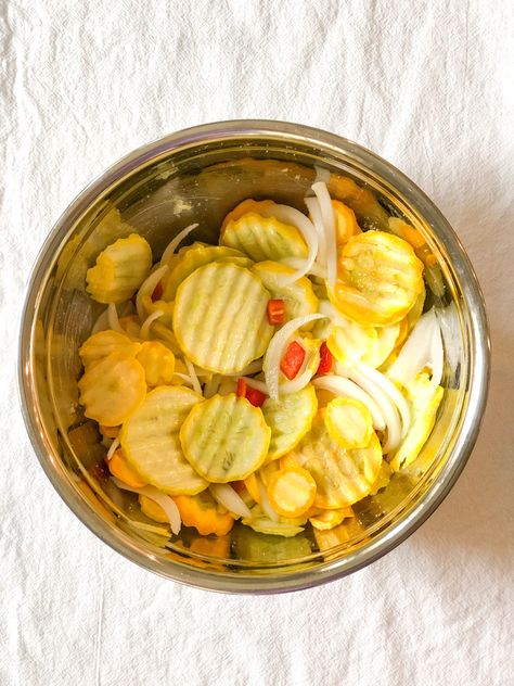 This recipe for sweet heat squash pickles has the perfect mixture of sweet, tangy & a touch of heat. Enjoy on burgers, sandwiches, etc.! #squashpickles #squashrecipes #yellowsquash Pickled Squash Recipe, Recipe For Squash, Squash Pickles, Canning Squash, Yellow Squash Recipes, Sweet Heat, Tasty Kitchen, Pickled Vegetables, Burgers Sandwiches