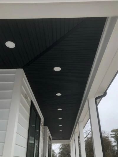 The Perfect Porch Ceiling - Extreme How To Black Porch Ceiling, Charcoal Ceiling, Beadboard Porch Ceiling, Porch Ceiling Ideas, Curved Balcony, Patio Ceiling Ideas, Soffit Ideas, Porch Ceiling Lights, Shed Patio