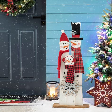 PRICES MAY VARY. QUALITY CRAFTSMANSHIP & ORIGINAL DESIGN - 100% Solid wood, This farmhouse stylecharming Snowman family porch sign features the word "LET IT SNOW" with a baby. it's carefully crafted just for you. GREAT SIZE - 14.96"L X3.94"W X 35.43"H, proudly make a statement with this impressive Porch Sign design hanging in your home entryway, yard, garden, farmhouse or as a gift for someone special. EASY APPLYING - Assembly Required, the family design gives a festival atmosphere. This sign ma Rattan Wreath, Shrines Art, Festival Atmosphere, Snowman Door, Snowman Family, Wooden Snowman, Baby Reindeer, Family Design, Porch Wall