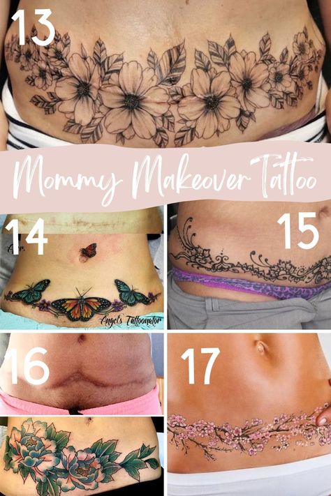 Beautiful Tummy Tuck Tattoo Designs and Ideas - TattooGlee Waist Scar Tattoo, Tommy Tuck Tattoo, Around The Waist Tattoo, Tummy Tattoos For Women Lower Stomach Cover Up, Cover Up Tattoos For Women Tummy Tucks, Mommy Makeover Scar Tattoo, Hip To Hip Tattoos Women, Belly Scar Tattoo, Tattoo To Cover C Section