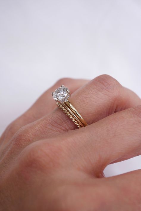 Stacked Wedding Bands With Solitaire Simple, Wedding Band Sizes Mm, Single Diamond Ring With Wedding Band, Wedding Ring And Wedding Band, Mix Matched Wedding Bands, Gold Ring Wedding Band, Three Band Wedding Ring Set Simple, Minimalist Wedding Rings Set, Simple Wedding Stack Rings