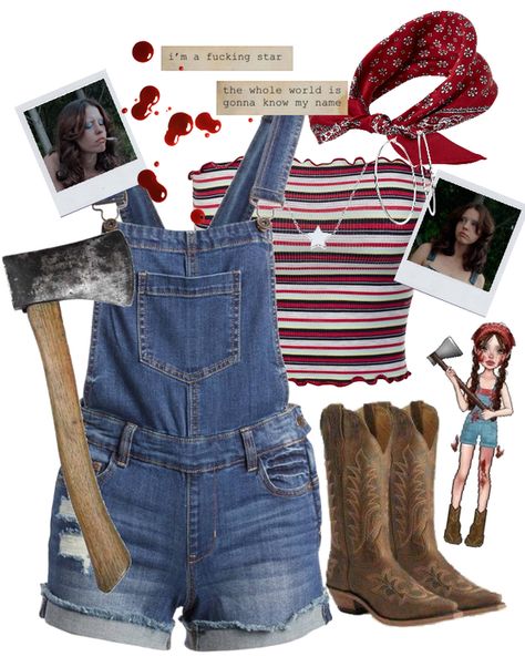 X Movie Outfits, Mia Goth Maxine Outfit, Women Character Costumes, Pearl Costume Mia Goth Overalls, Last Of Us Halloween Costume, Iconic Horror Movie Characters Costumes, Halloween Costume Moodboard, Maxine Minx Outfit, Maxxxine Halloween Costume