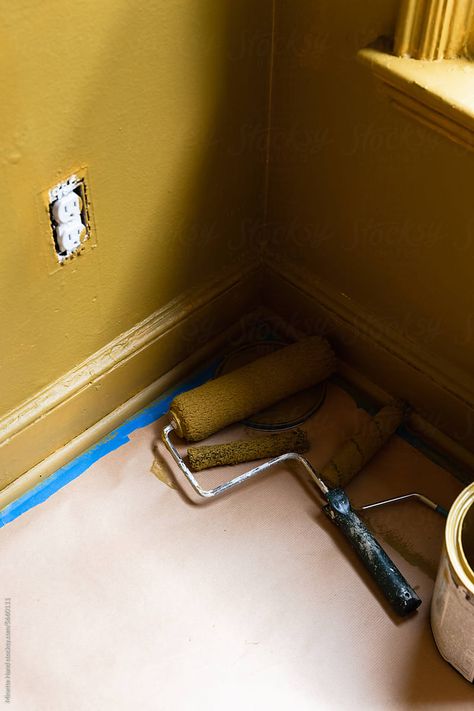 Process photo of room being painted a deep ochre yellow Repainting Walls, Hand Photography, Ochre Yellow, Room Painting, Room Paint, Room Aesthetic, Painting Supplies, White Aesthetic, Painting Inspiration